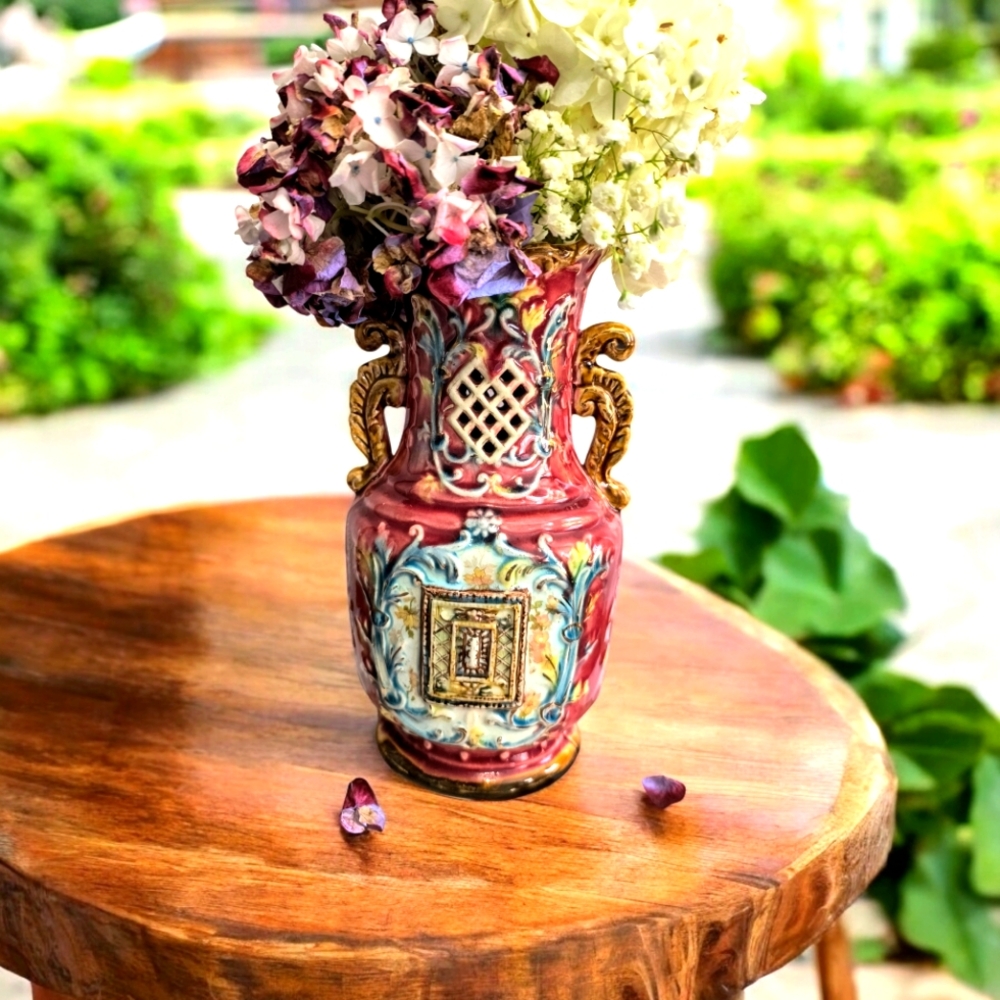 Antique 19th Century Art Nouveau Victorian Majolica Double Handle Vase Glaze Pai